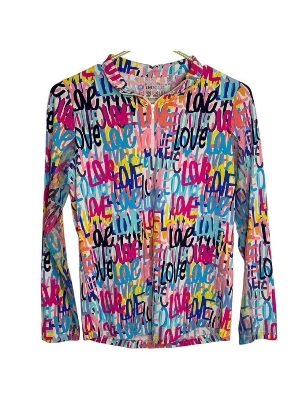 IBKUL Mock Neck Long Sleeve Sun Shirt XS Love Print Mesh Underarm